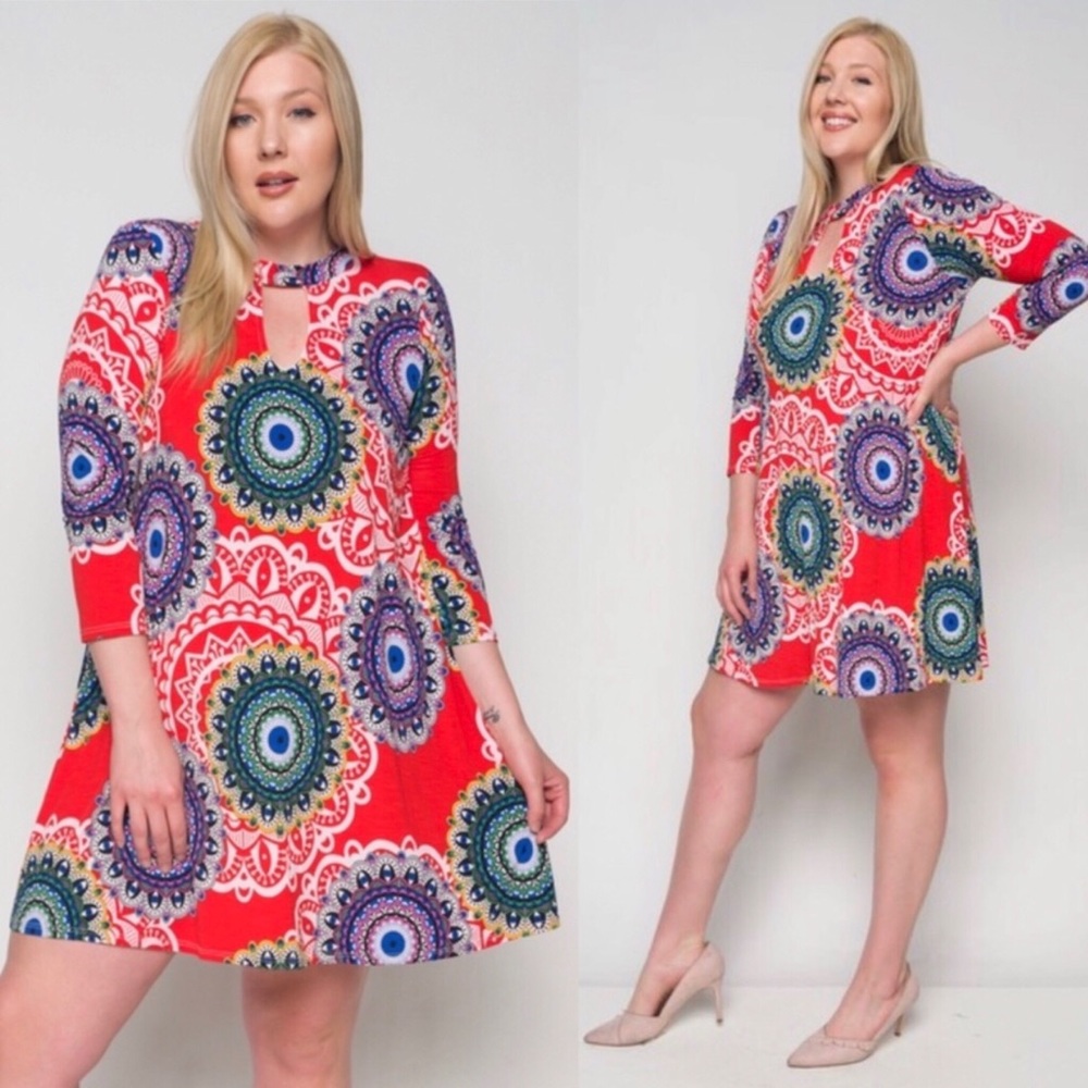 Plus Size 3/4 Sleeve Cutout Neck Tunic Dress P3